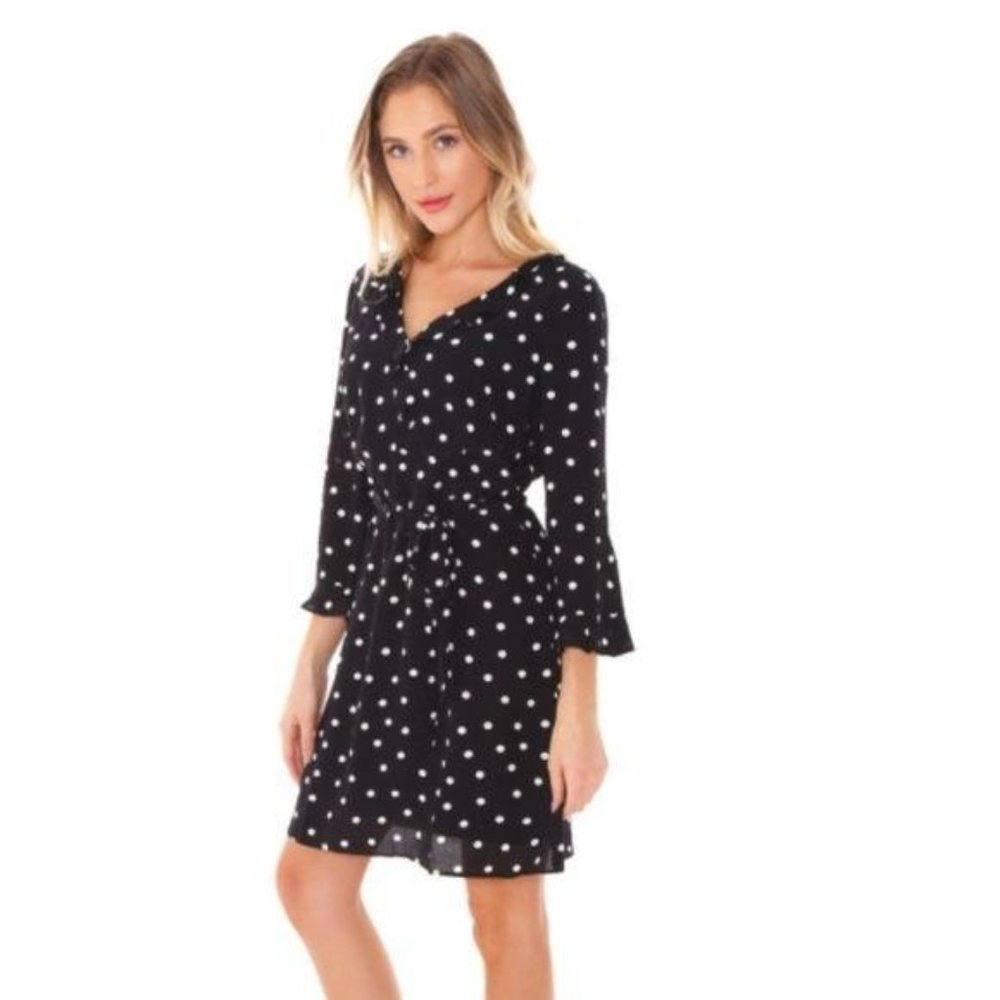 Sanctuary Black and White Polka Dot Ruffle Faux Wrap Woven V-Neck Dress Medium